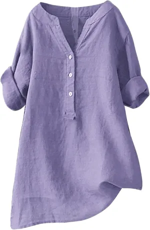 Women Button Up Shirt V Neck Short Sleeve Linen Summer Casual Work Blouse Top Loose Fit Tee Shirt