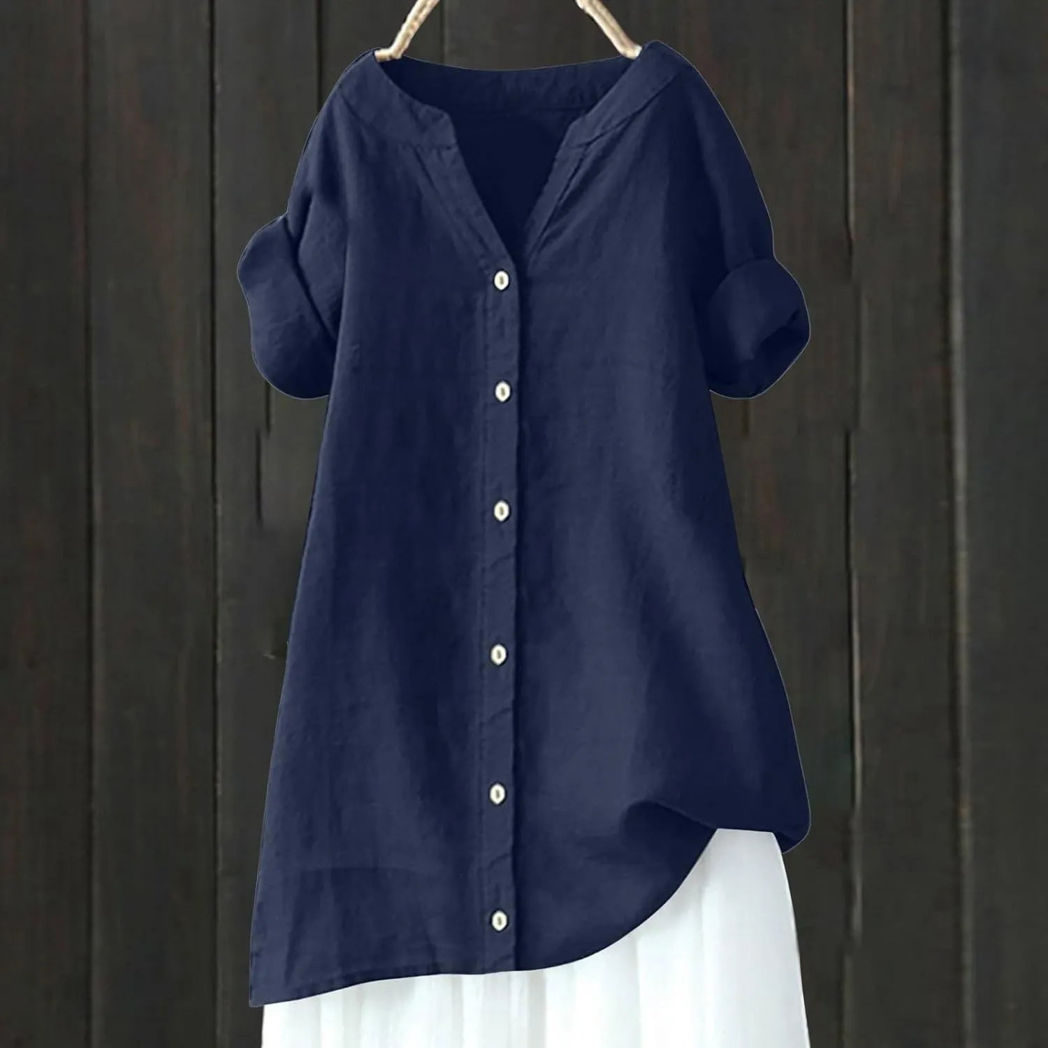 Women Button Up Shirt V Neck Short Sleeve Linen Summer Casual Work Blouse Top Loose Fit Tee Shirt