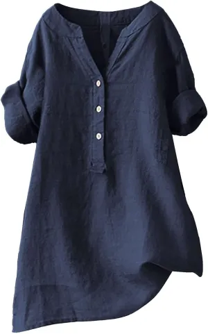 Women Button Up Shirt V Neck Short Sleeve Linen Summer Casual Work Blouse Top Loose Fit Tee Shirt