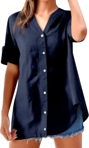 Women Button Up Shirt V Neck Short Sleeve Linen Summer Casual Work Blouse Top Loose Fit Tee Shirt