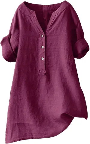 Women Button Up Shirt V Neck Short Sleeve Linen Summer Casual Work Blouse Top Loose Fit Tee Shirt