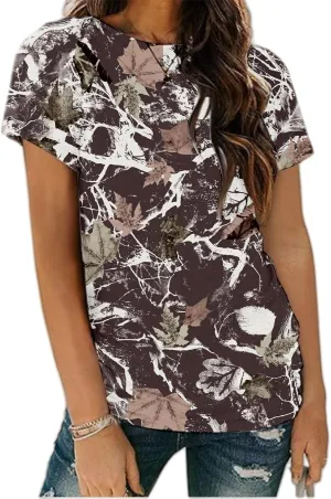 Women Camo T-Shirt Maple-Leaf Print Summer Tops Casual Oversized Short Sleeve Crewneck Shirt Graphic Tees Streetwear