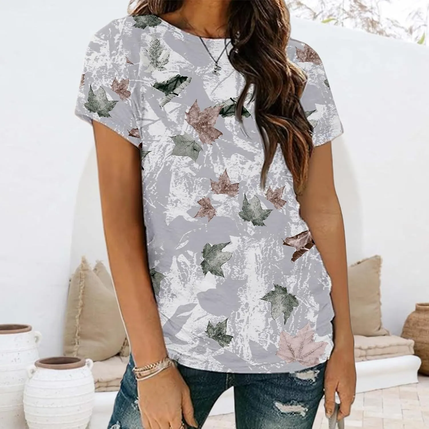 Women Camo T-Shirt Maple-Leaf Print Summer Tops Casual Oversized Short Sleeve Crewneck Shirt Graphic Tees Streetwear