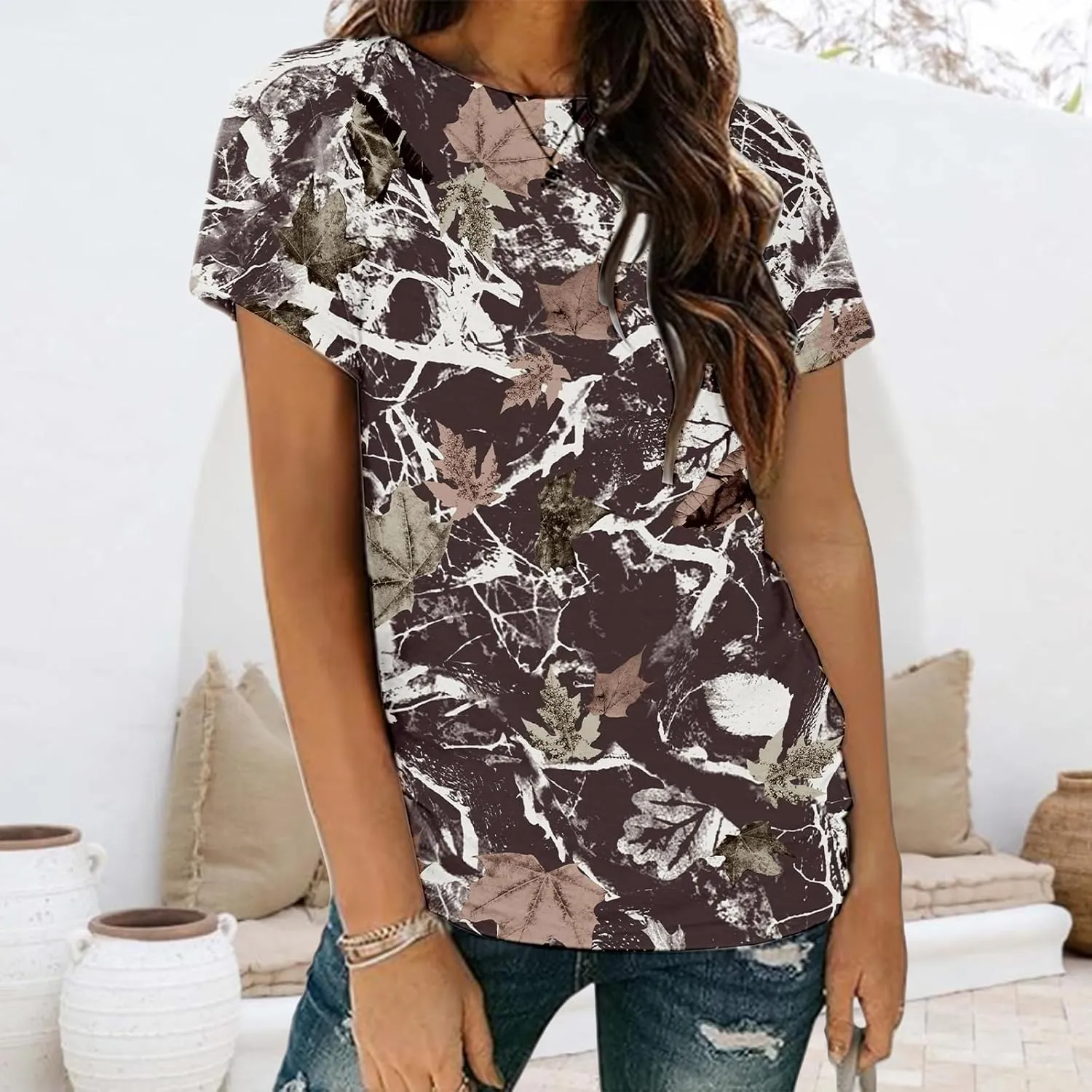 Women Camo T-Shirt Maple-Leaf Print Summer Tops Casual Oversized Short Sleeve Crewneck Shirt Graphic Tees Streetwear