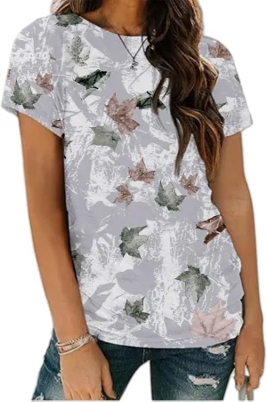 Women Camo T-Shirt Maple-Leaf Print Summer Tops Casual Oversized Short Sleeve Crewneck Shirt Graphic Tees Streetwear