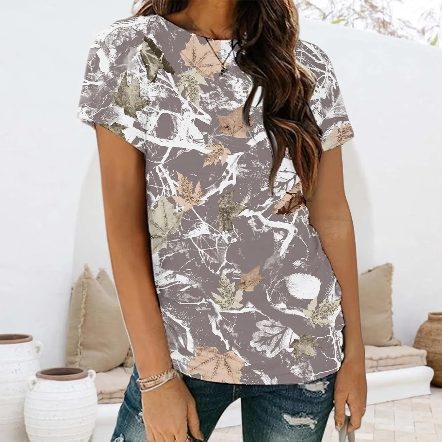 Women Camo T-Shirt Maple-Leaf Print Summer Tops Casual Oversized Short Sleeve Crewneck Shirt Graphic Tees Streetwear