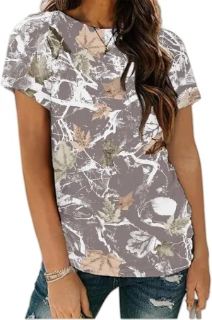 Women Camo T-Shirt Maple-Leaf Print Summer Tops Casual Oversized Short Sleeve Crewneck Shirt Graphic Tees Streetwear