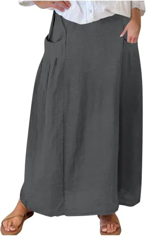 Women Casual Skirts Elastic Waist Summer Skirts Plus Size Maxi Skirts with Pockets A Line Vacation Skirts Loose Skirt