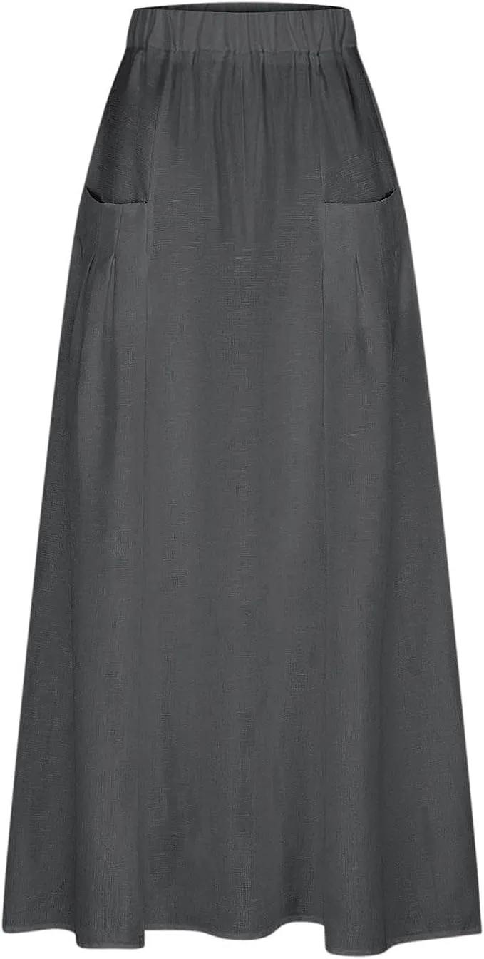 Women Casual Skirts Elastic Waist Summer Skirts Plus Size Maxi Skirts with Pockets A Line Vacation Skirts Loose Skirt