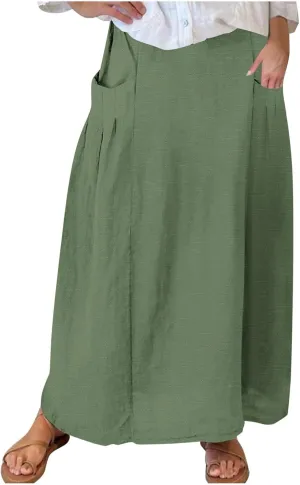 Women Casual Skirts Elastic Waist Summer Skirts Plus Size Maxi Skirts with Pockets A Line Vacation Skirts Loose Skirt