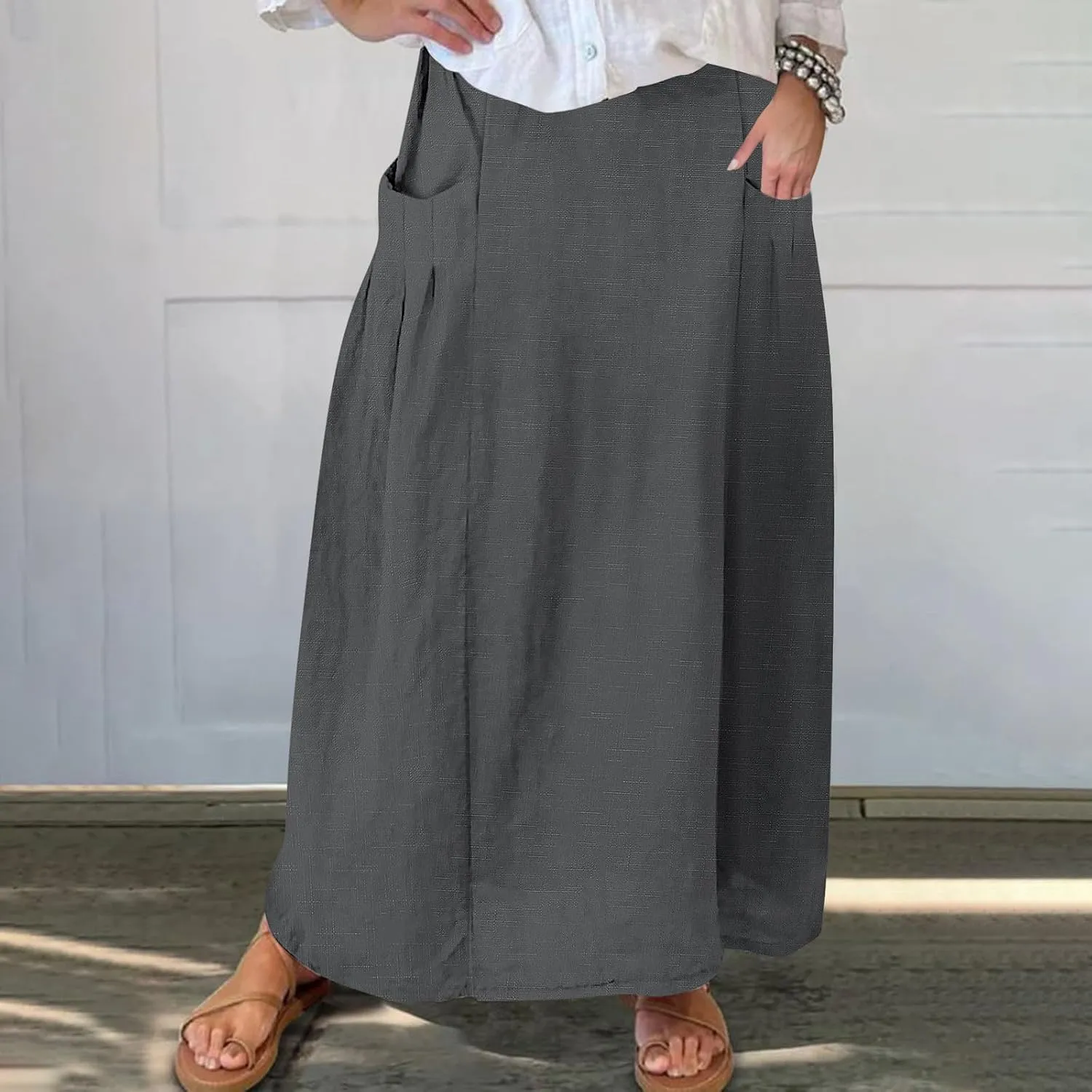 Women Casual Skirts Elastic Waist Summer Skirts Plus Size Maxi Skirts with Pockets A Line Vacation Skirts Loose Skirt