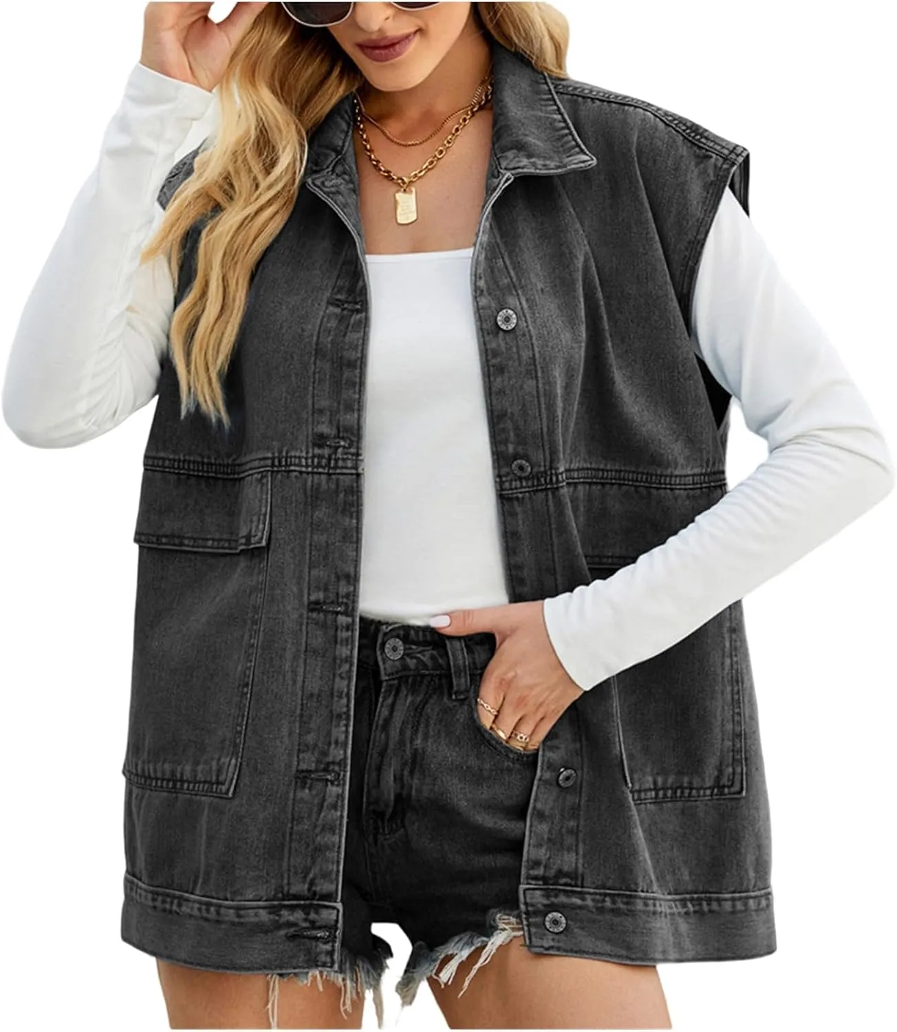 Women Denim Shirt Collared Jean Shirts Long Sleeve Button Down Blouses with Pockets Classic Basic Solid Blouse Jacket