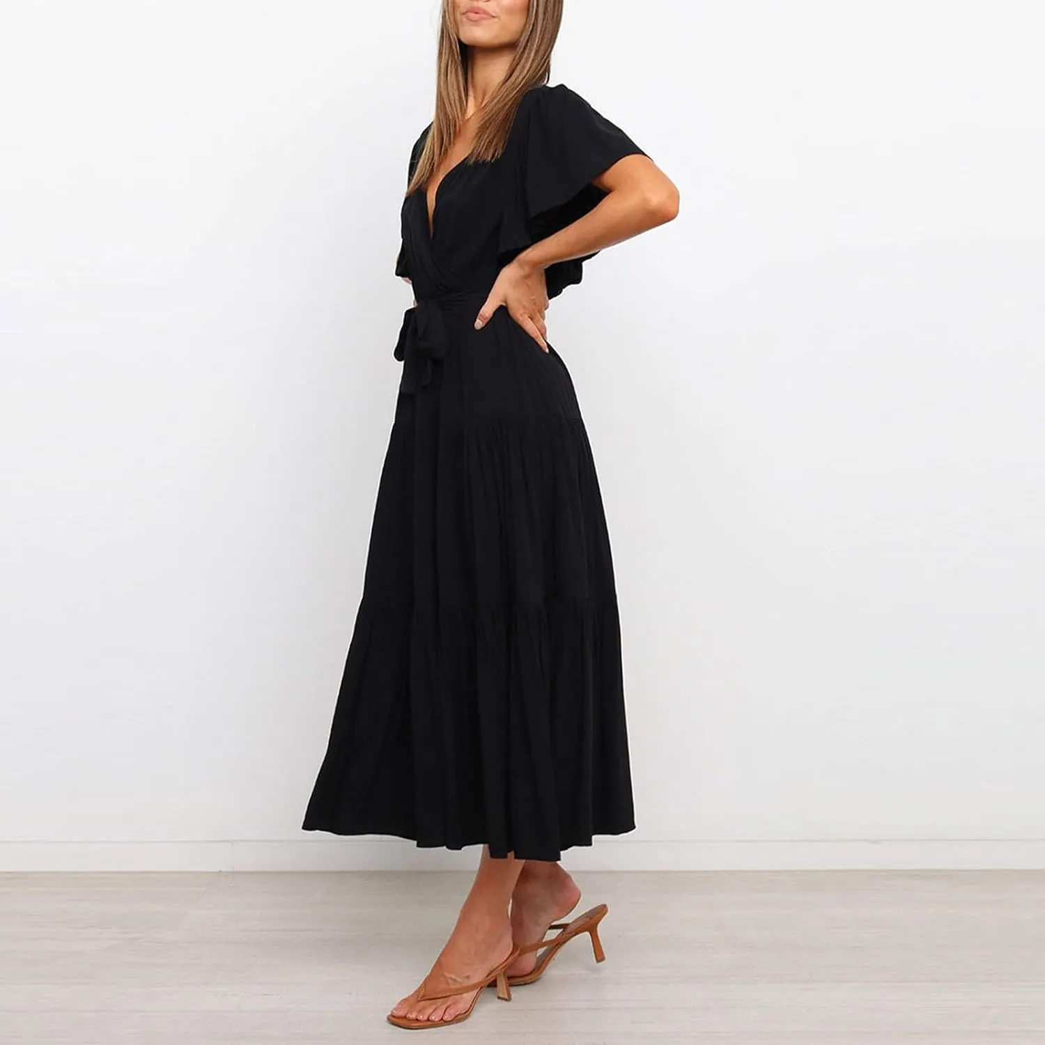 Women Dress Spring Ruffle Dress Short Sleeve V Neck A Line Dresses Empire Waist Wedding Dresses Summer with Belt