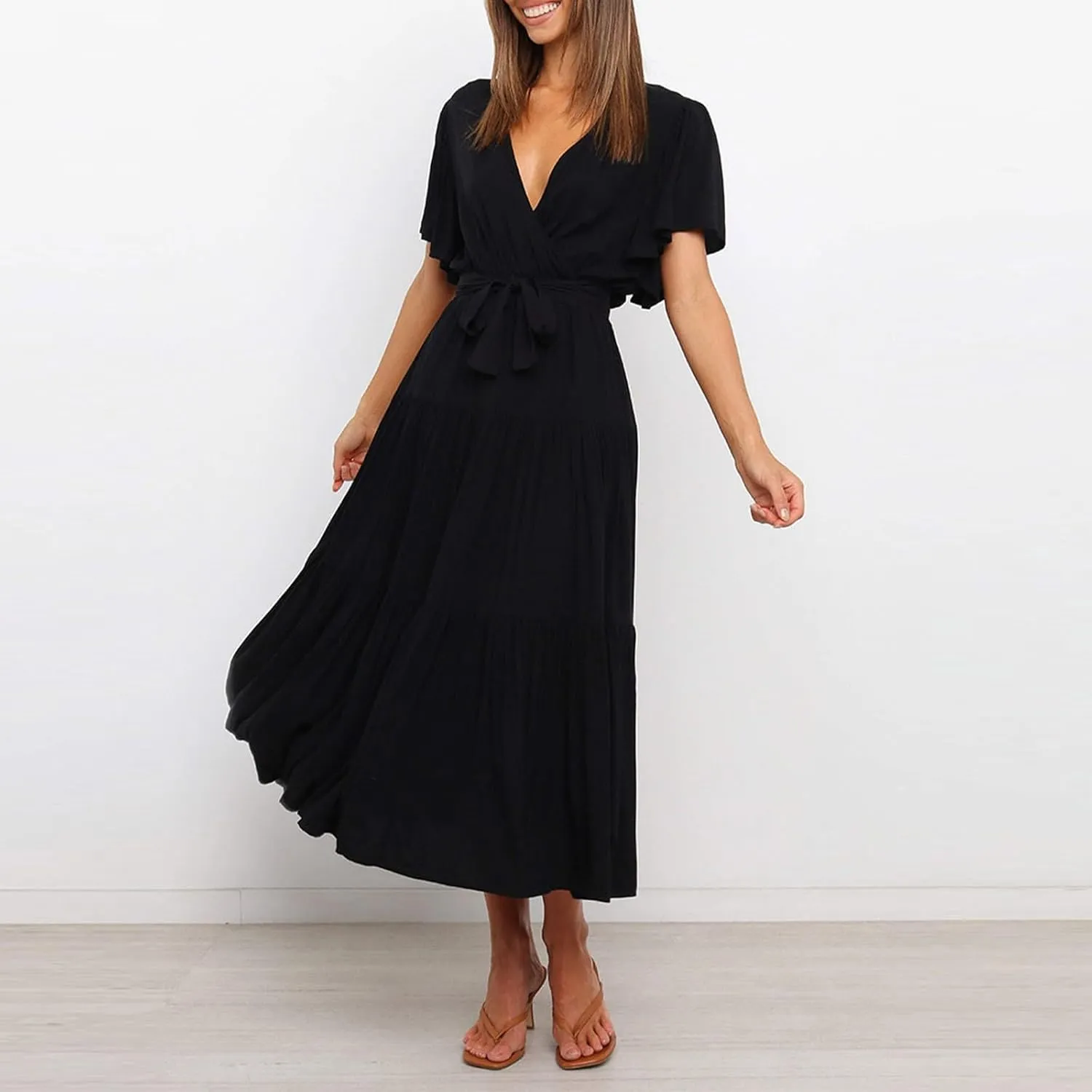 Women Dress Spring Ruffle Dress Short Sleeve V Neck A Line Dresses Empire Waist Wedding Dresses Summer with Belt