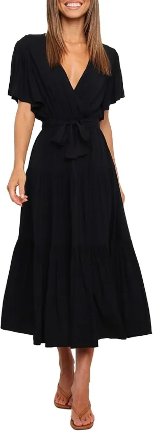 Women Dress Spring Ruffle Dress Short Sleeve V Neck A Line Dresses Empire Waist Wedding Dresses Summer with Belt