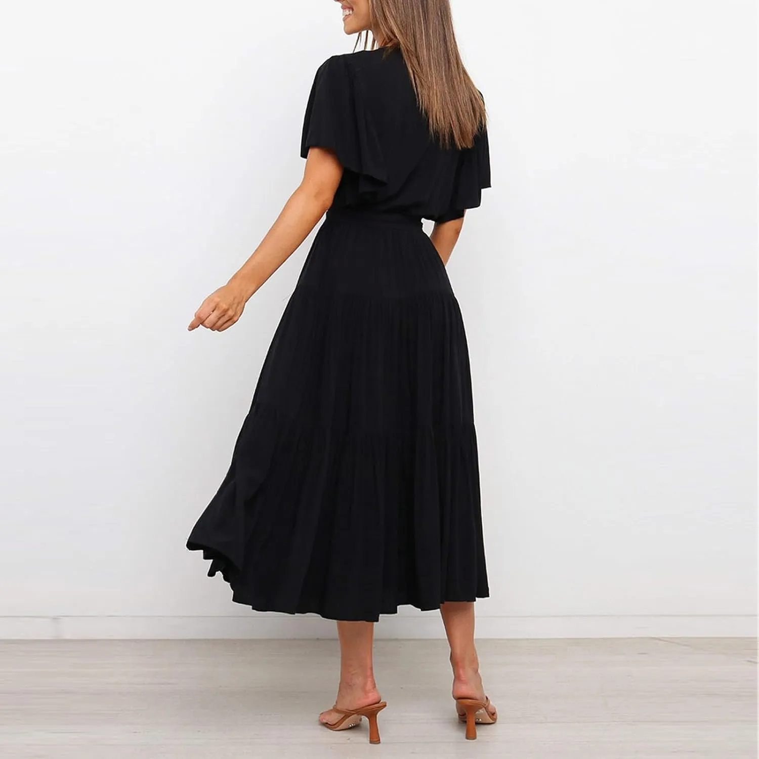 Women Dress Spring Ruffle Dress Short Sleeve V Neck A Line Dresses Empire Waist Wedding Dresses Summer with Belt