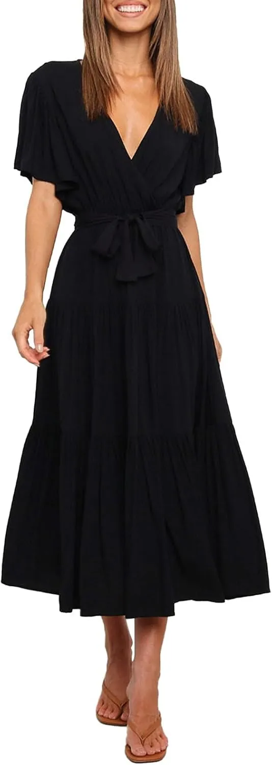 Women Dress Spring Ruffle Dress Short Sleeve V Neck A Line Dresses Empire Waist Wedding Dresses Summer with Belt