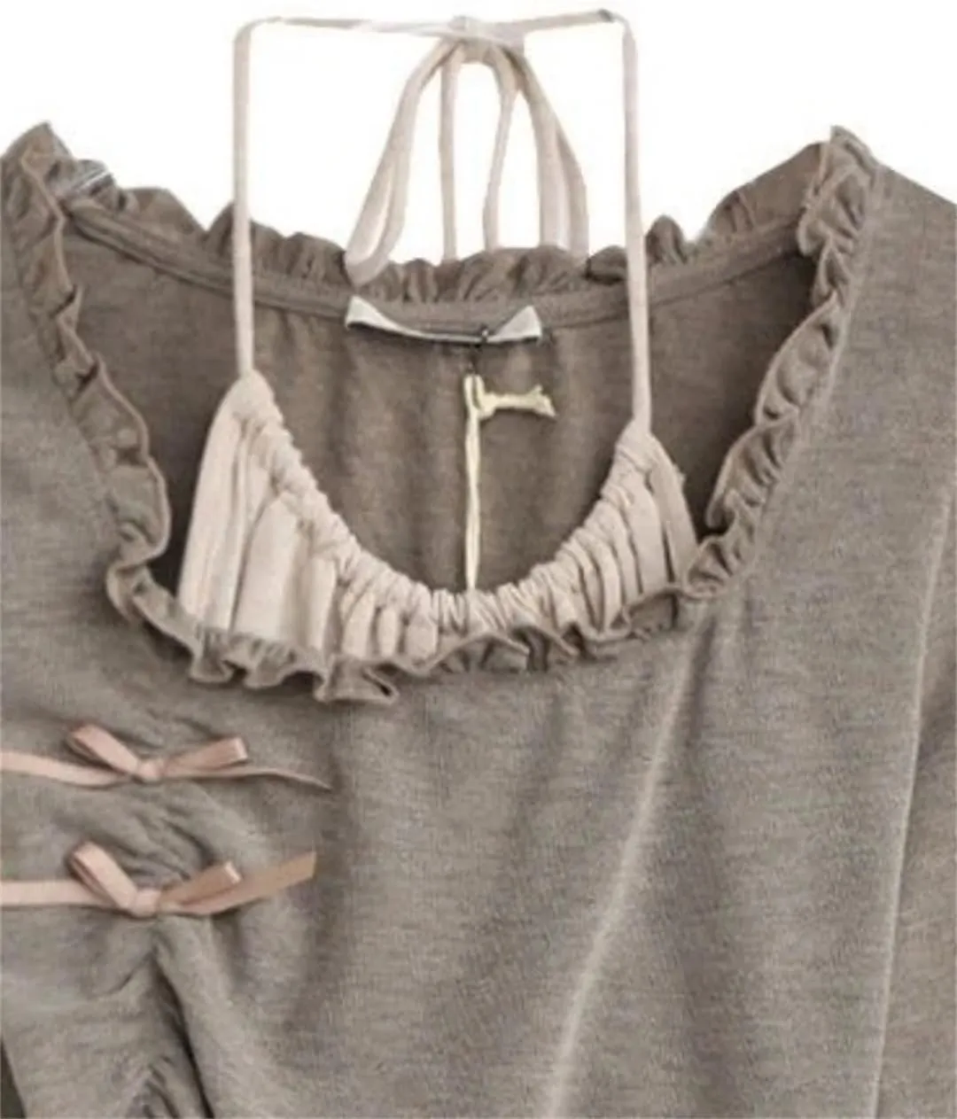Women Fake Two Pieces Patchwork Halter Shirts Sexy Bottoming Irregular Pleated T-Shirt Y2k Ruffled Bow Tops
