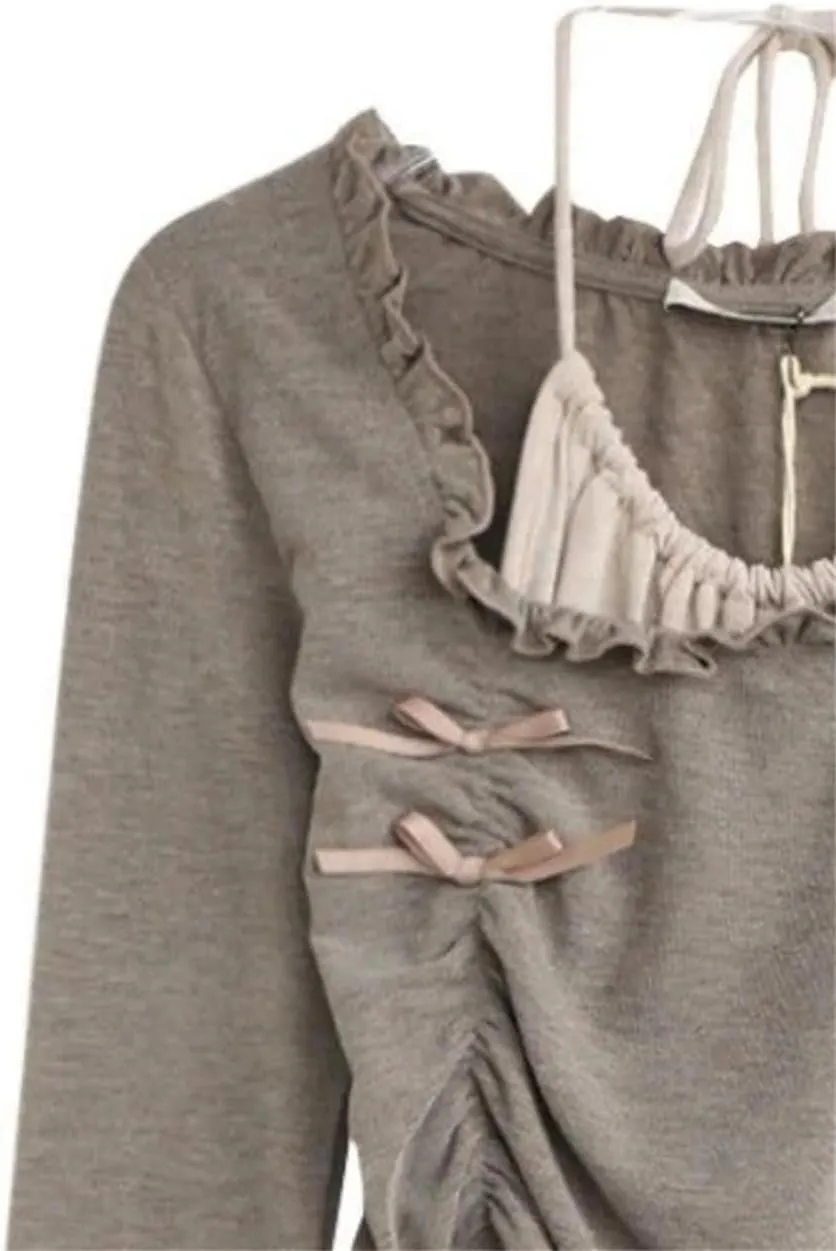 Women Fake Two Pieces Patchwork Halter Shirts Sexy Bottoming Irregular Pleated T-Shirt Y2k Ruffled Bow Tops