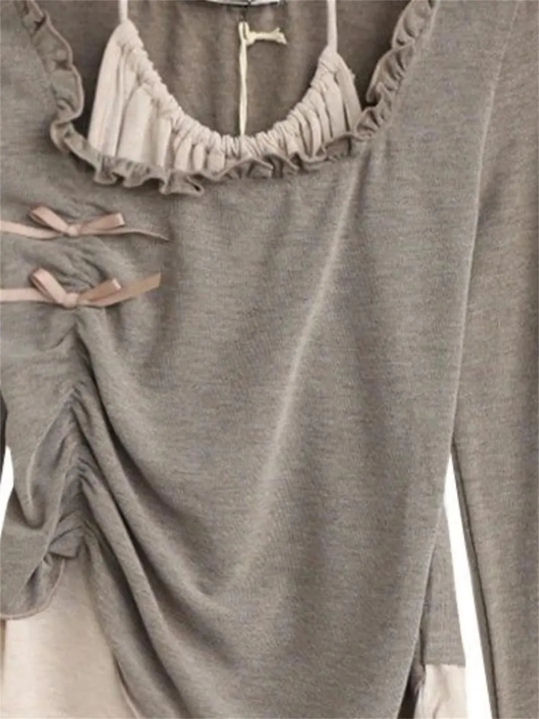 Women Fake Two Pieces Patchwork Halter Shirts Sexy Bottoming Irregular Pleated T-Shirt Y2k Ruffled Bow Tops