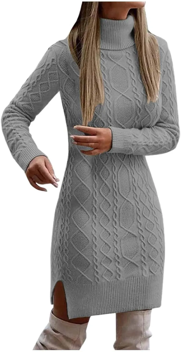 Women Fashion Solid Slim Fit Long Sleeve Pullover Sweater Knitted Lapel Sweater Slit Mid Length Summer Dress Knee