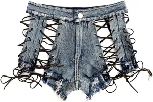 Women High Waisted Strappy Denim Shorts Sexy Up Ripped Hole Tassel Jean Shorts Stretch Casual Denim Hot Shorts