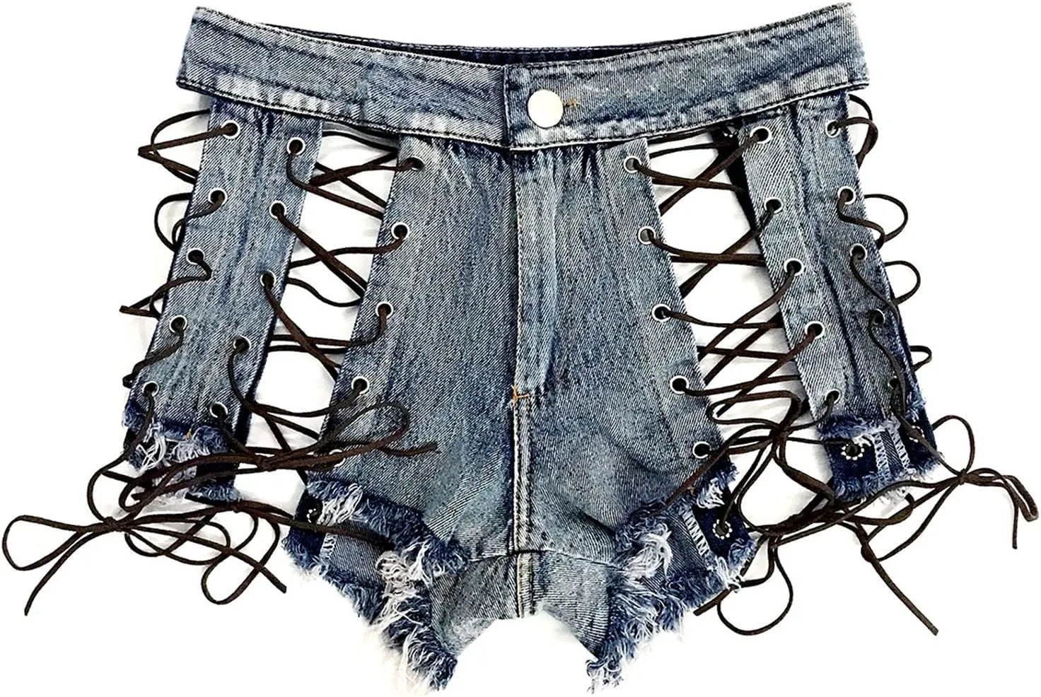 Women High Waisted Strappy Denim Shorts Sexy Up Ripped Hole Tassel Jean Shorts Stretch Casual Denim Hot Shorts