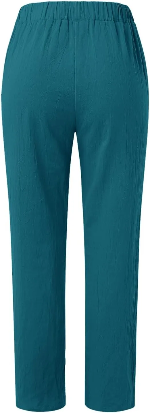 Women Linen Summer Palazzo Pant Flowy Wide Leg Boho Beach Pants High Elastic Waisted Loose Trouser with Pocket