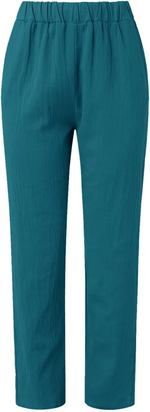 Women Linen Summer Palazzo Pant Flowy Wide Leg Boho Beach Pants High Elastic Waisted Loose Trouser with Pocket