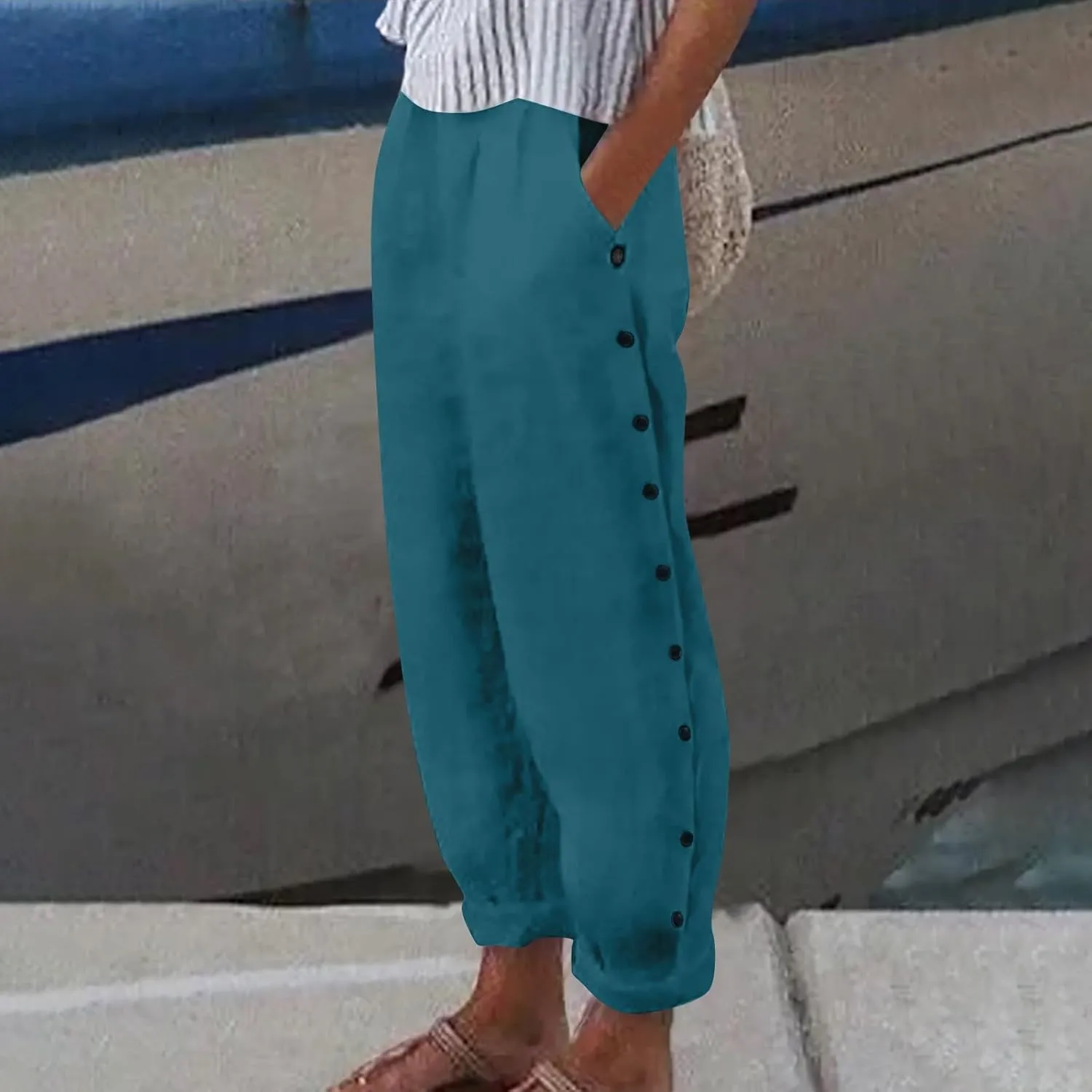 Women Linen Summer Palazzo Pant Flowy Wide Leg Boho Beach Pants High Elastic Waisted Loose Trouser with Pocket
