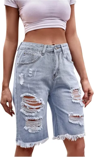 Women Ripped High Waisted Jean Shorts Casual Wide Leg Shorts Stretchy Jean Shorts Bermuda Denim Shorts with Pockets