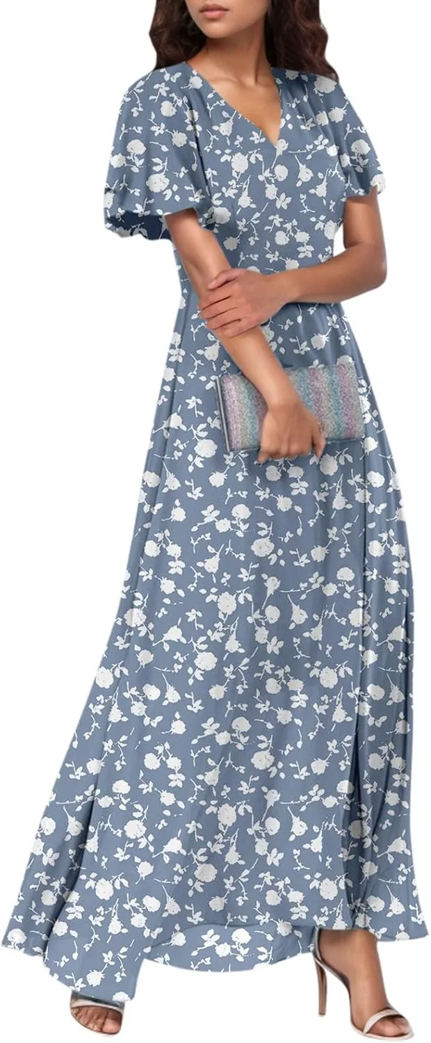 Women Summer Dresses High Waist Maxi Dress Chiffon Ruffle Sleeve Bohemian Dresses Vneck Tea Party Dress