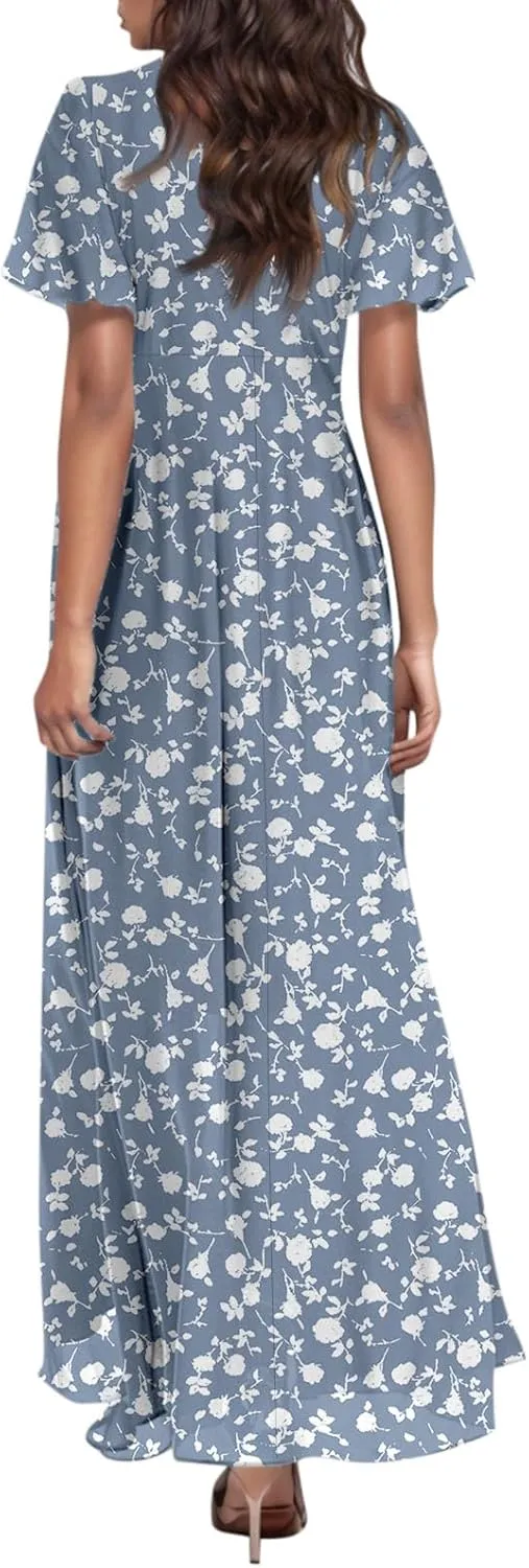 Women Summer Dresses High Waist Maxi Dress Chiffon Ruffle Sleeve Bohemian Dresses Vneck Tea Party Dress