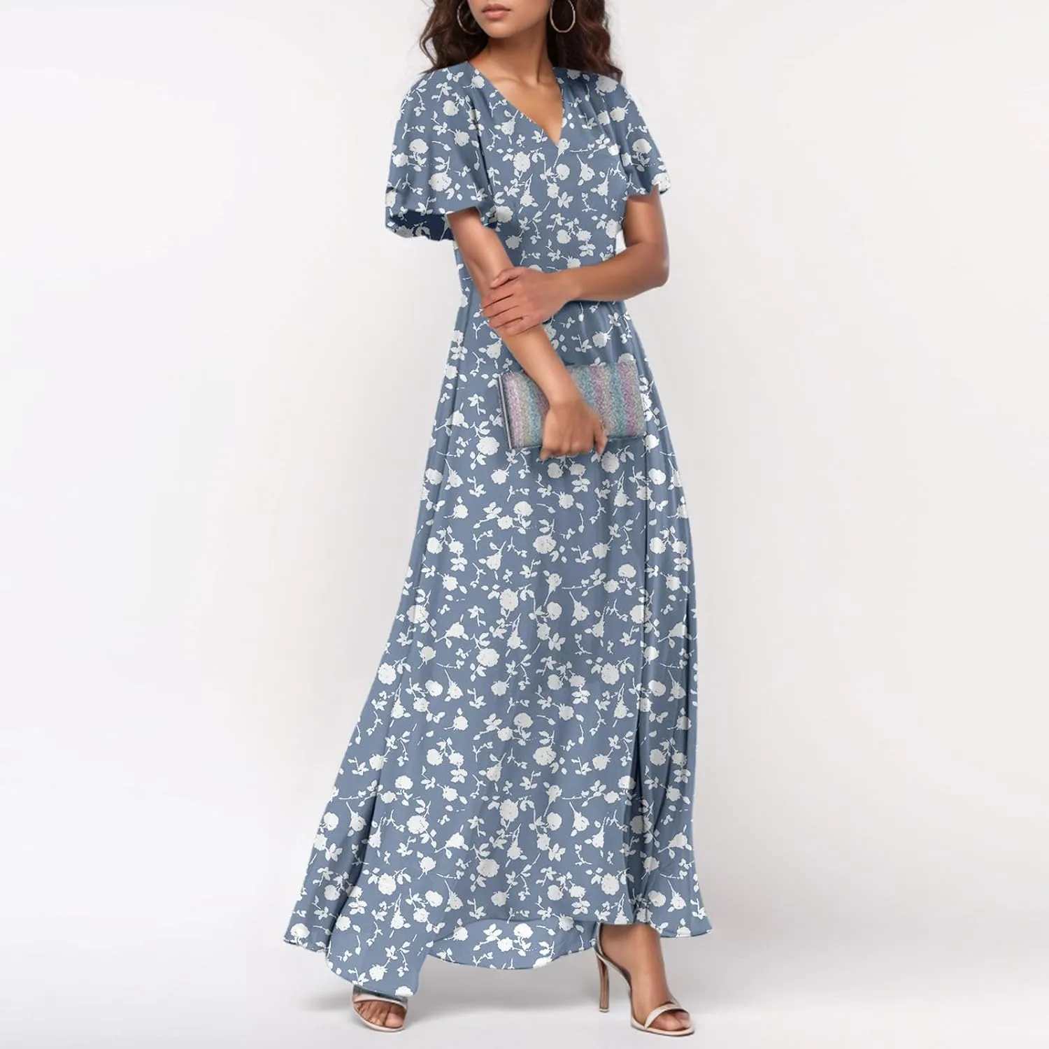 Women Summer Dresses High Waist Maxi Dress Chiffon Ruffle Sleeve Bohemian Dresses Vneck Tea Party Dress