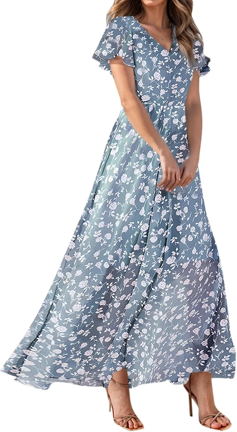 Women Summer Dresses High Waist Maxi Dress Chiffon Ruffle Sleeve Bohemian Dresses Vneck Tea Party Dress