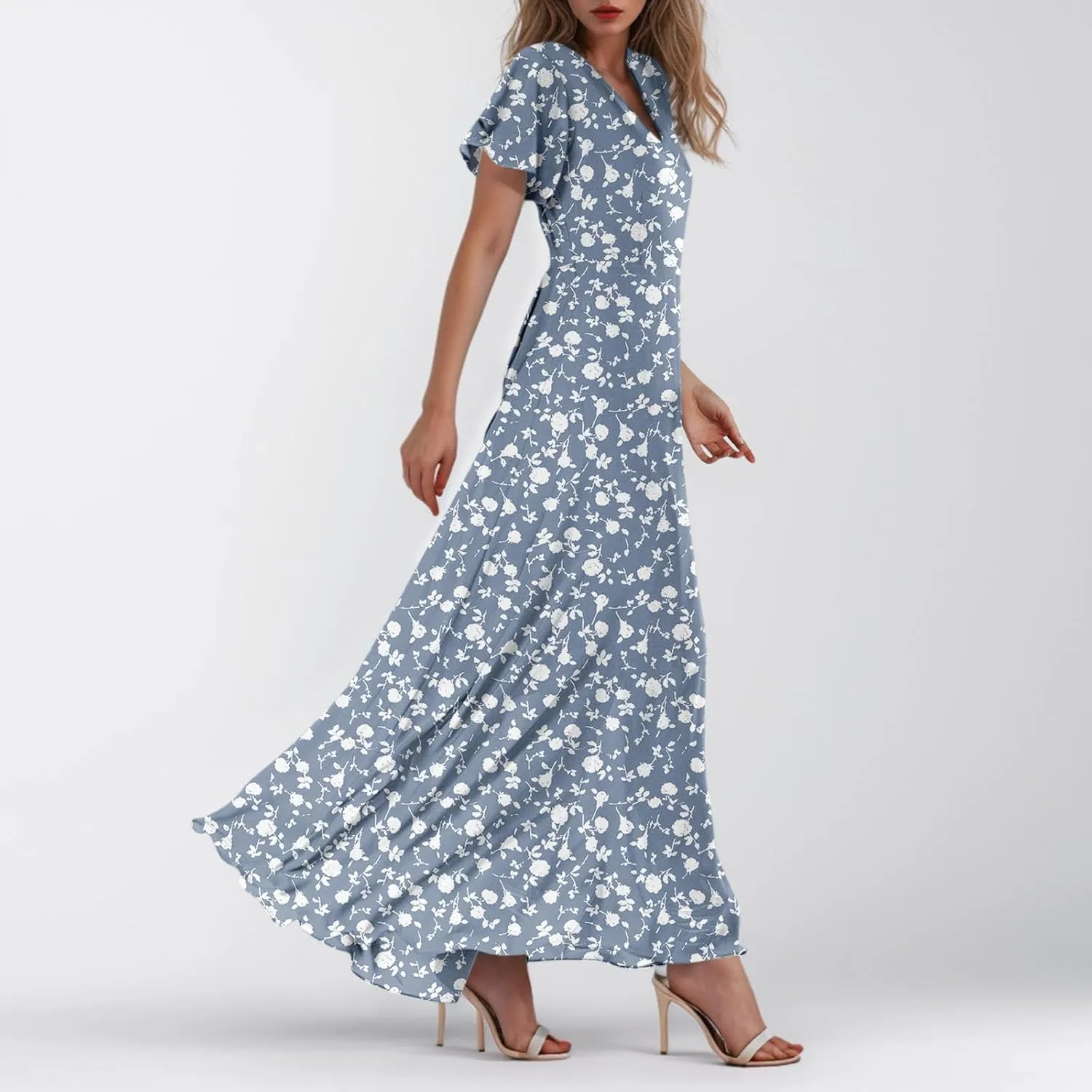 Women Summer Dresses High Waist Maxi Dress Chiffon Ruffle Sleeve Bohemian Dresses Vneck Tea Party Dress