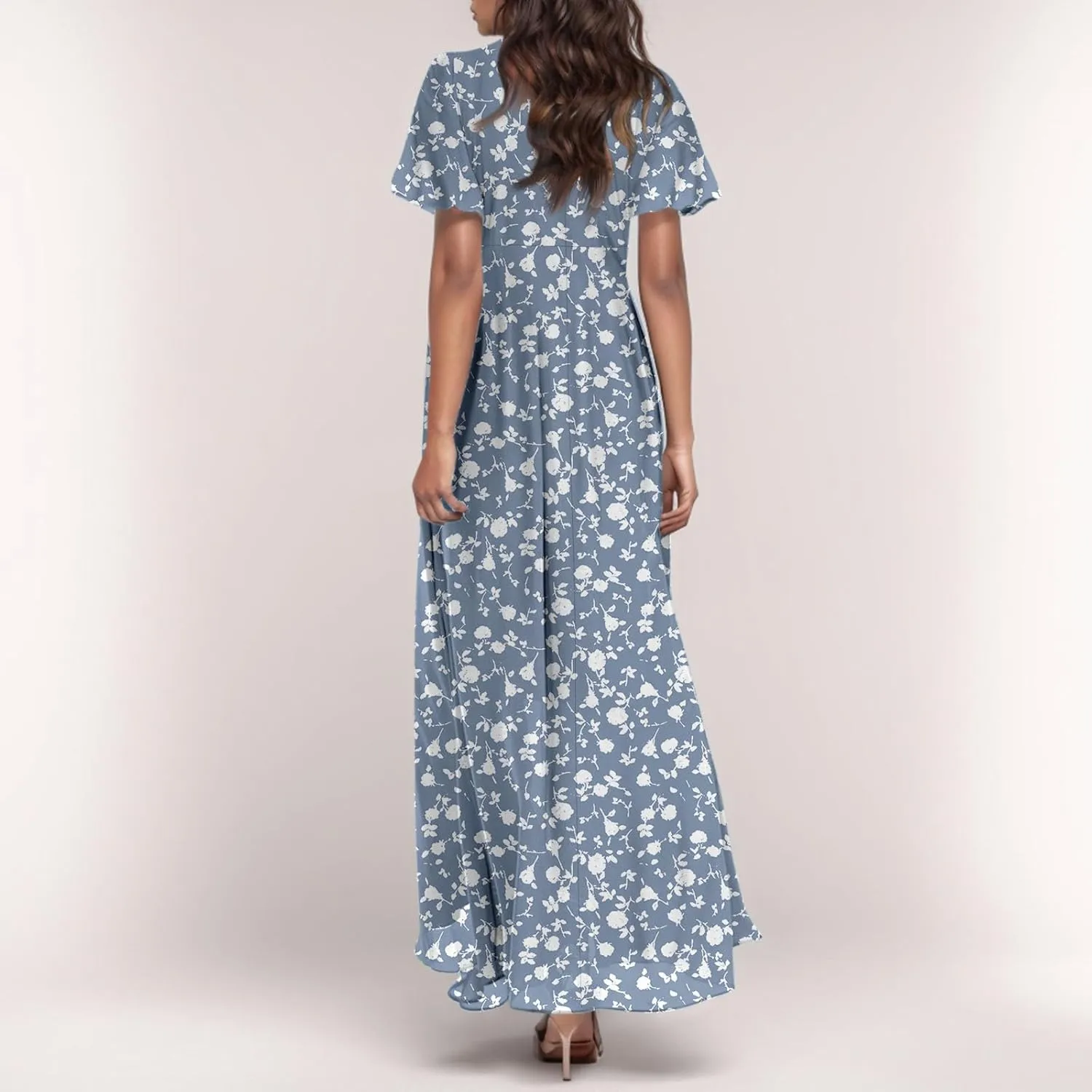 Women Summer Dresses High Waist Maxi Dress Chiffon Ruffle Sleeve Bohemian Dresses Vneck Tea Party Dress