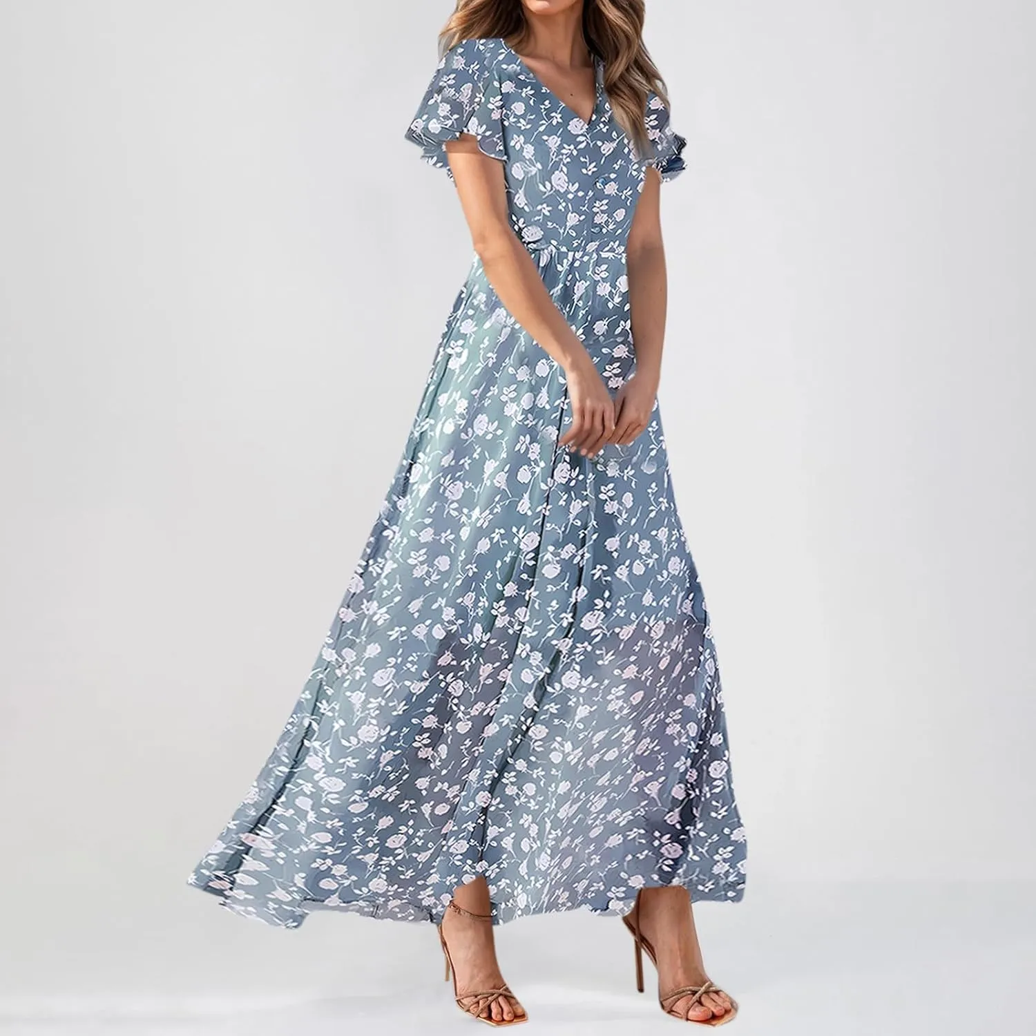 Women Summer Dresses High Waist Maxi Dress Chiffon Ruffle Sleeve Bohemian Dresses Vneck Tea Party Dress