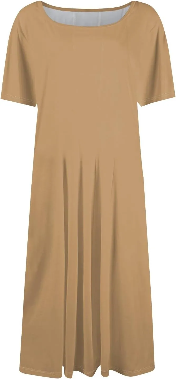 Women Summer Dresses Women's Summer 2025 Midi Dresses Fahion Casual Plain Pleated Crew Neck A Line Dresses