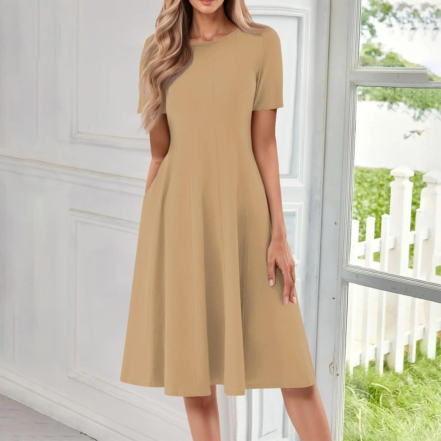 Women Summer Dresses Women's Summer 2025 Midi Dresses Fahion Casual Plain Pleated Crew Neck A Line Dresses