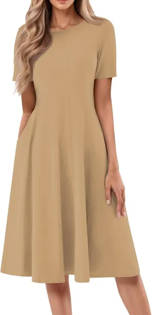 Women Summer Dresses Women's Summer 2025 Midi Dresses Fahion Casual Plain Pleated Crew Neck A Line Dresses