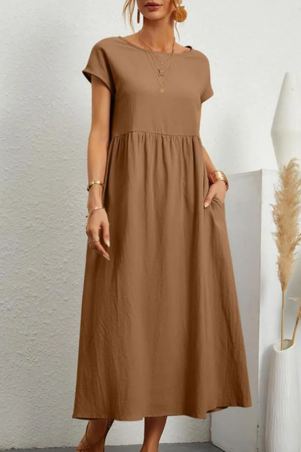 Women Summer Short Sleeve Cotton Linen Casual Pockets Loose Dress Plus Size Crewneck Shirts Elegant Flowy Midi Dress
