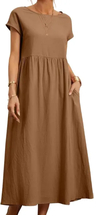 Women Summer Short Sleeve Cotton Linen Casual Pockets Loose Dress Plus Size Crewneck Shirts Elegant Flowy Midi Dress