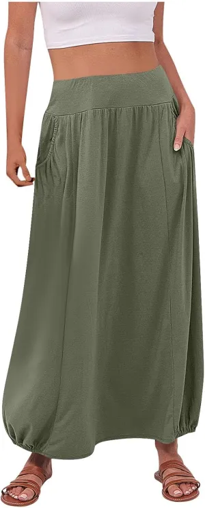 Women Summer Skirts with Pockets High Waist Casual Skirts Long Vacation Skirts Beach Boho Skirt Maxi Bubble Skirts