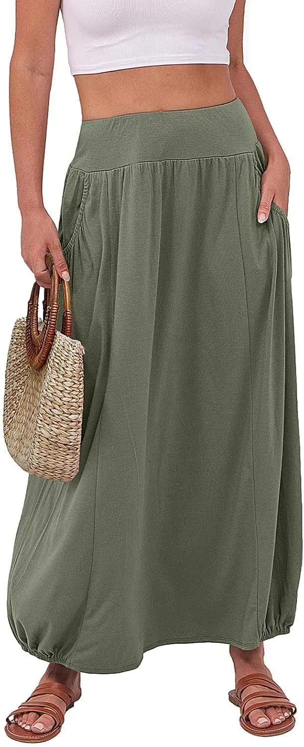 Women Summer Skirts with Pockets High Waist Casual Skirts Long Vacation Skirts Beach Boho Skirt Maxi Bubble Skirts