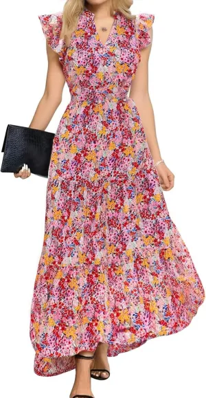 Women's 2025 Summer Floral Midi Dress Cap Sleeve V Neck Ruffle Long Flowy Boho Casual Beach Vacation Dresses