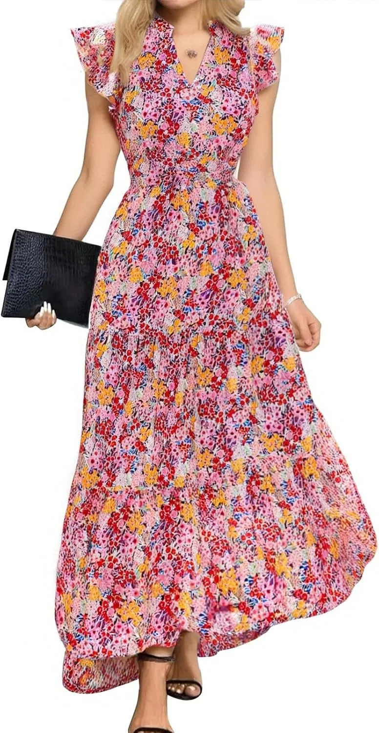 Women's 2025 Summer Floral Midi Dress Cap Sleeve V Neck Ruffle Long Flowy Boho Casual Beach Vacation Dresses
