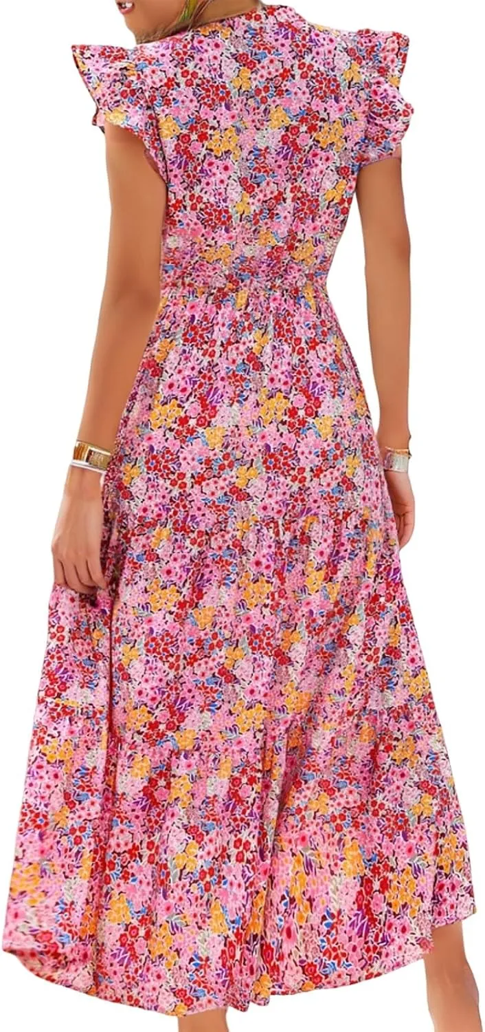 Women's 2025 Summer Floral Midi Dress Cap Sleeve V Neck Ruffle Long Flowy Boho Casual Beach Vacation Dresses