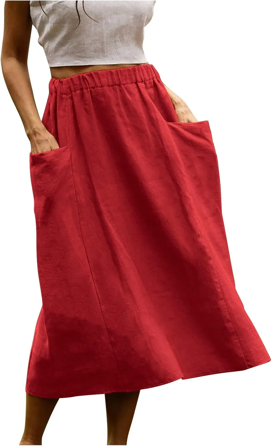 Womens Beach Skirts Summer Comfy Cotton Linen Skirts Basic Solid Color Elastic Waist A-Line Midi Skirts with Pockets