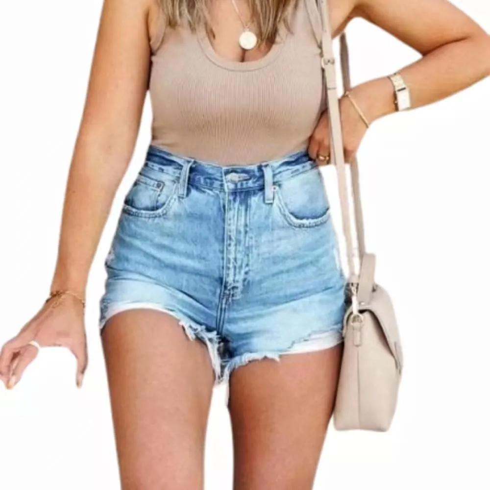 Womens Blue Ripped Denim Jean Shorts Frayed Denim Shorts for Summer